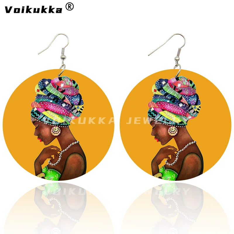 Voikukka Jewelry African Woman Pattern With Hijab Wooden Both Sides Print 6 CM Pendant Drop Earrings Wholesale 4