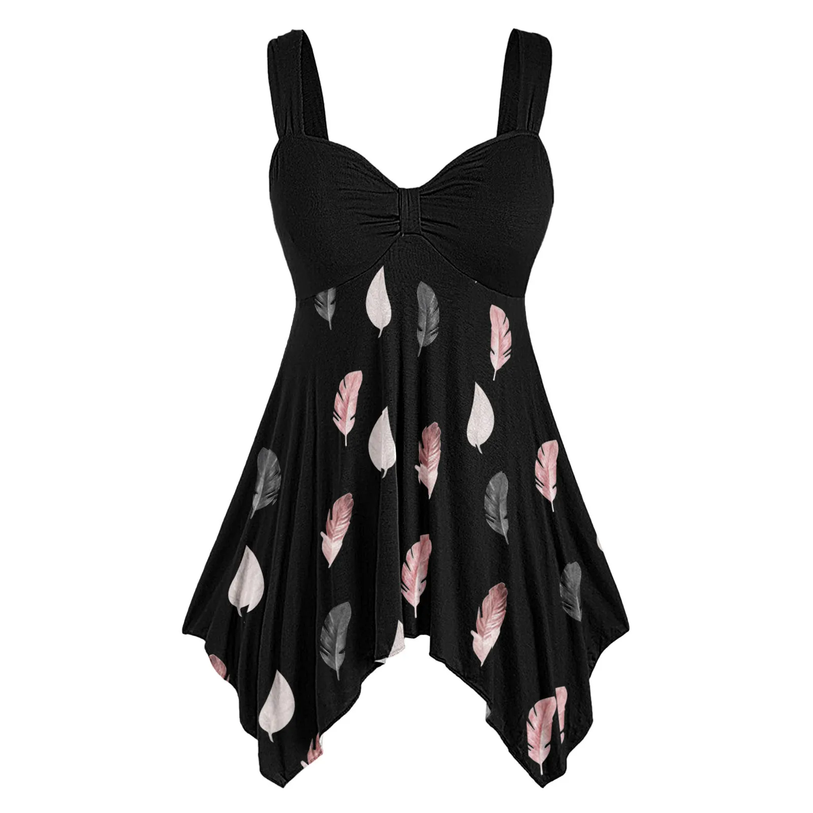 

Summer Dress Women Fashion Sexy Sling V Neck Feather Print Blouse Females Casual Loose Front Knot Sleeveless Irregular Hem Dress