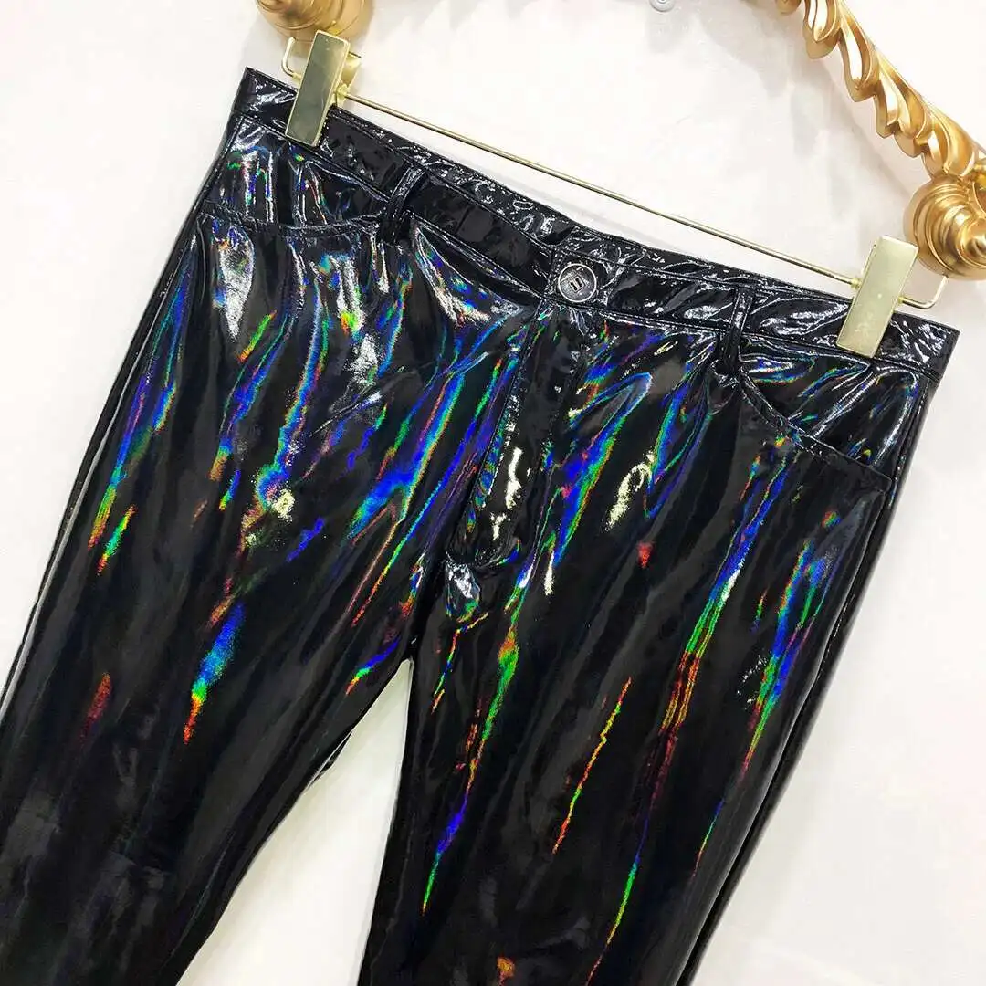 New Colorful Mirror Tight Elastic Leather Pant Men Large Nightclub Versatile Performance Clothes Soft Patent Leather Smooth Sexy