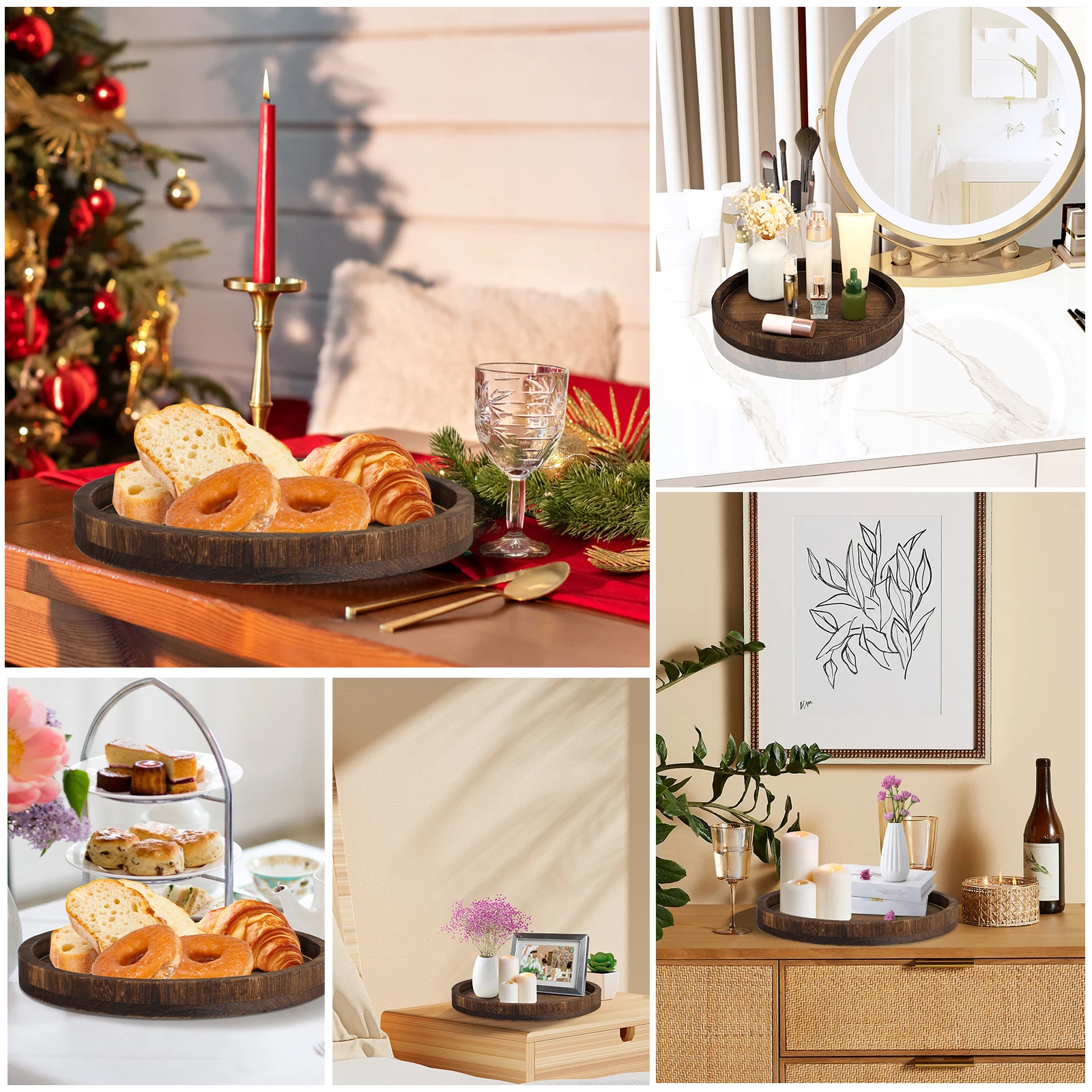 Round Tray Wood Serving Platter Vintage 30cm Round Dessert Plate Table Multipurpose Candle Holder Tray Decorative Tray