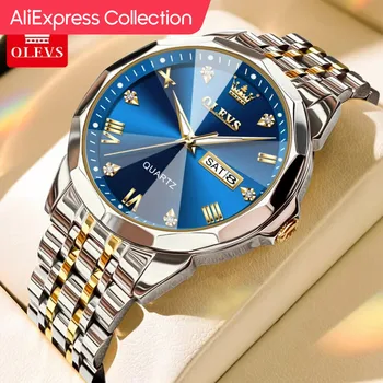 AliExpress 컬렉션 OLEVS 남성용 시계, 마름모 거울, 오리지널 쿼츠 시계, 방수 발광 스테인리스 스틸