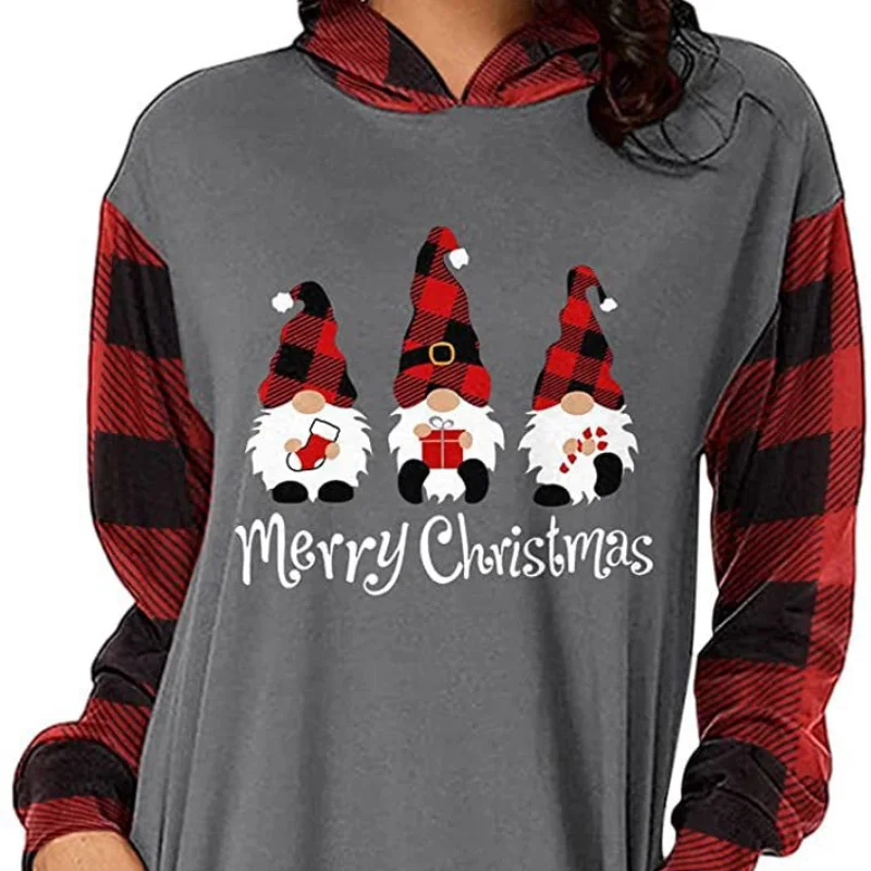 Women Autumn and Winter Fashion New Hooded Pullover Contrast Printing Pockets Splicing Christmas Long-sleeved Sweatshirt
