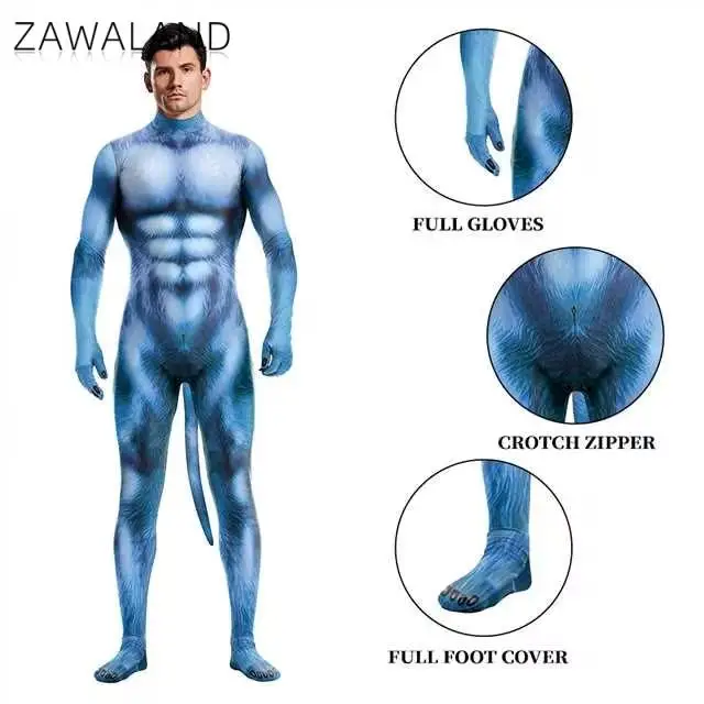 Zawaland Blue Furry Costumes Men Halloween Clothes with Tail Crotch Zipper Zentai Suit for Funny Couple Party Outfit Carnival Wear cosplay costume,men festival costume set