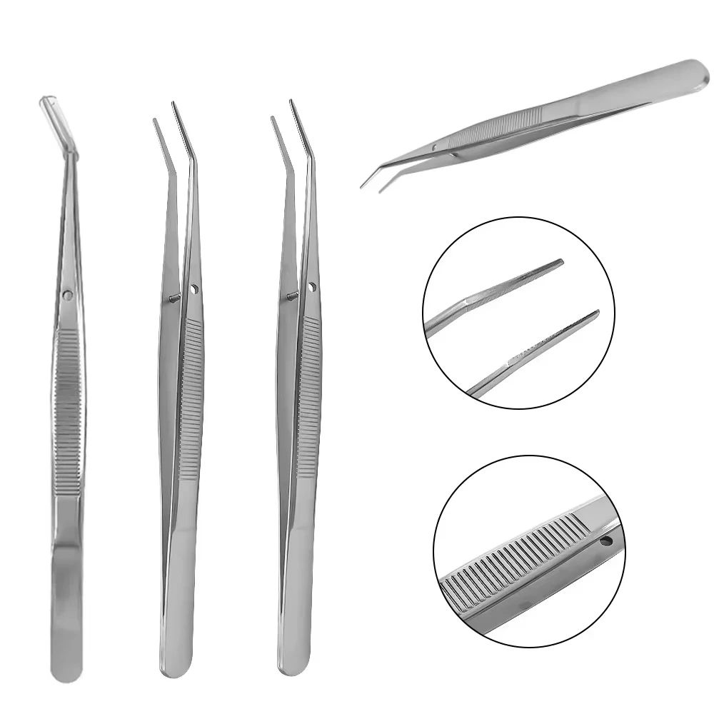 Dental Cotton Dressing Tweezers Stainless Steel Surgical Serrated Curved Tweezers Pincers Forceps Dentistry Instruments precision tweezers tweezer tool