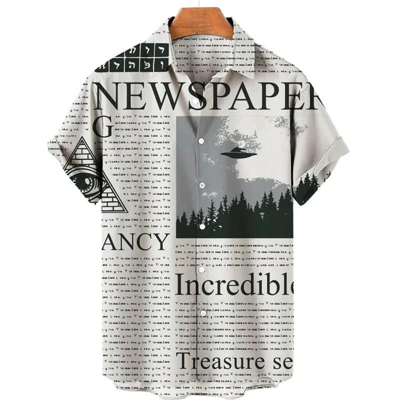 thumbnail image 1 of Camisa retro de manga corta para hombre, periódicos antiguos impresos en 3D, diseño de botones informal y moderno para ropa de calle y hogar, 1 of 5