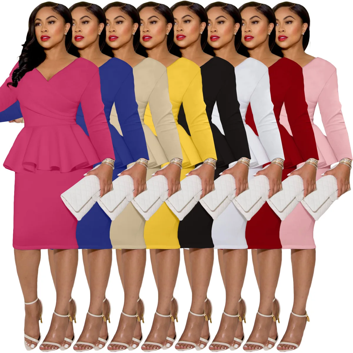

The new 2023 women's autumn/winter long sleeve OL v-neck hip dress back zipper bag