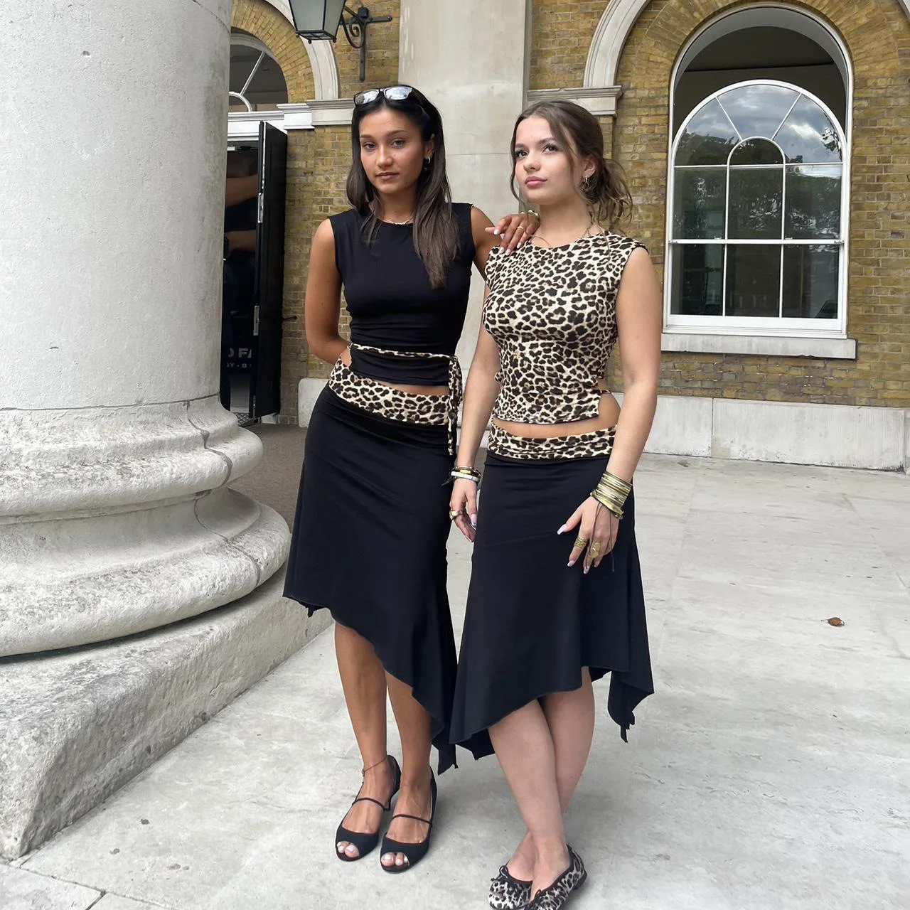 Leopard Sexy 2 Piece-Set Skirt Female Contrast Lace-Up Cropped Pullover And High Waist Skirt Sets Bandage Women's Outfits
