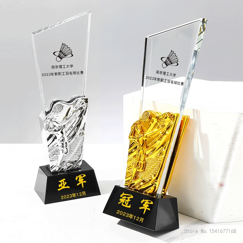 Customized Badminton Crystal Trophy, Annual Meeting Celebration Excellent Award, Team Singles Doubles Sports Souvenir Medal, 1Pc