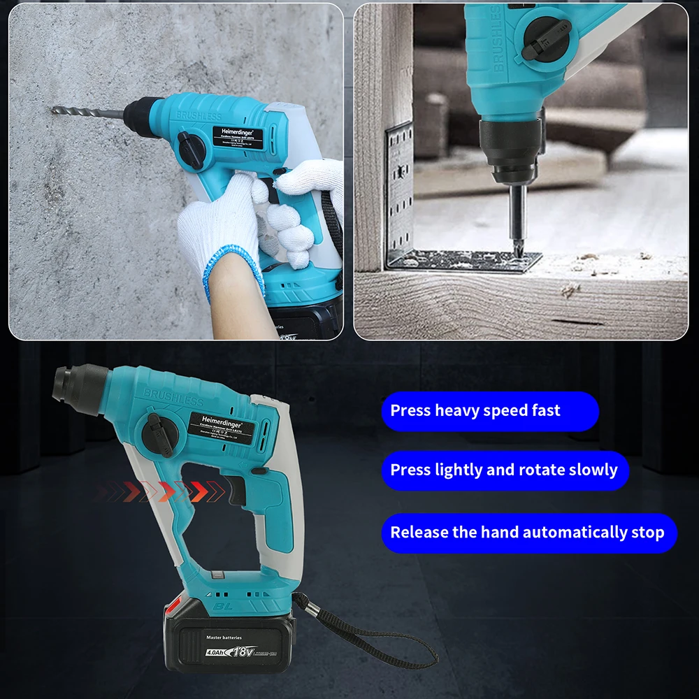 Cordless Brushless 1-1/8" SDS-Plus Rotary Hammer Drill-2-in-1 Multi-functional Heavy Duty Hammer Drill with 2.0J impact energy 6