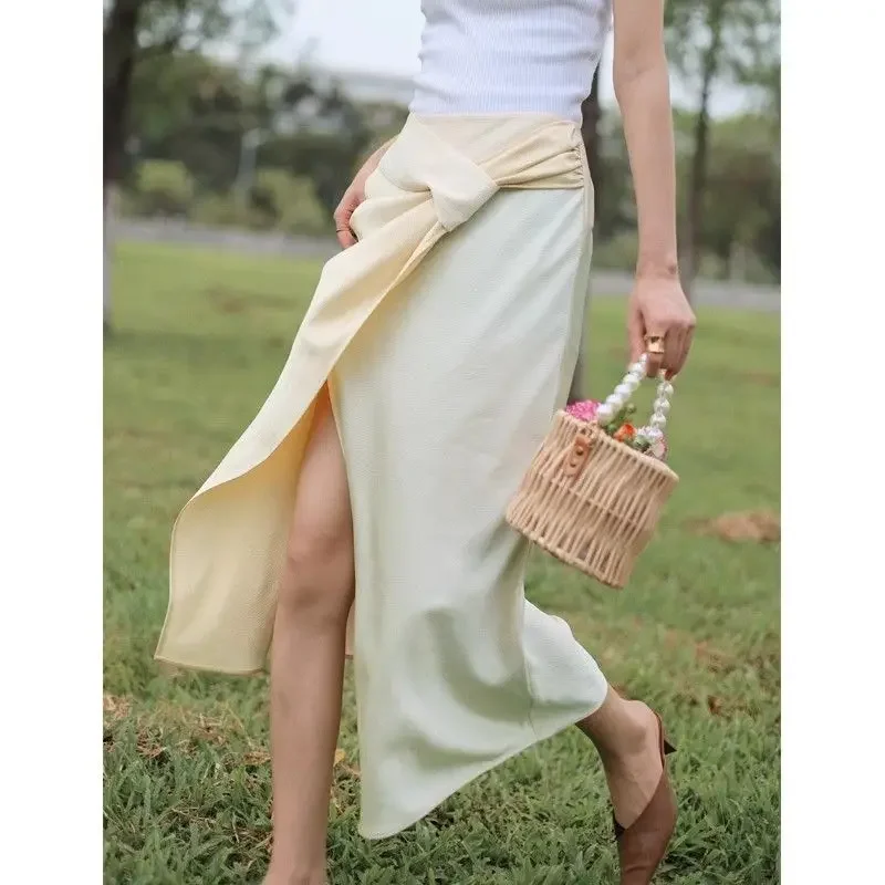 

Niche retro colour collision splicing high waist thin open a-line bustier skirt fashion women's skirt 2024