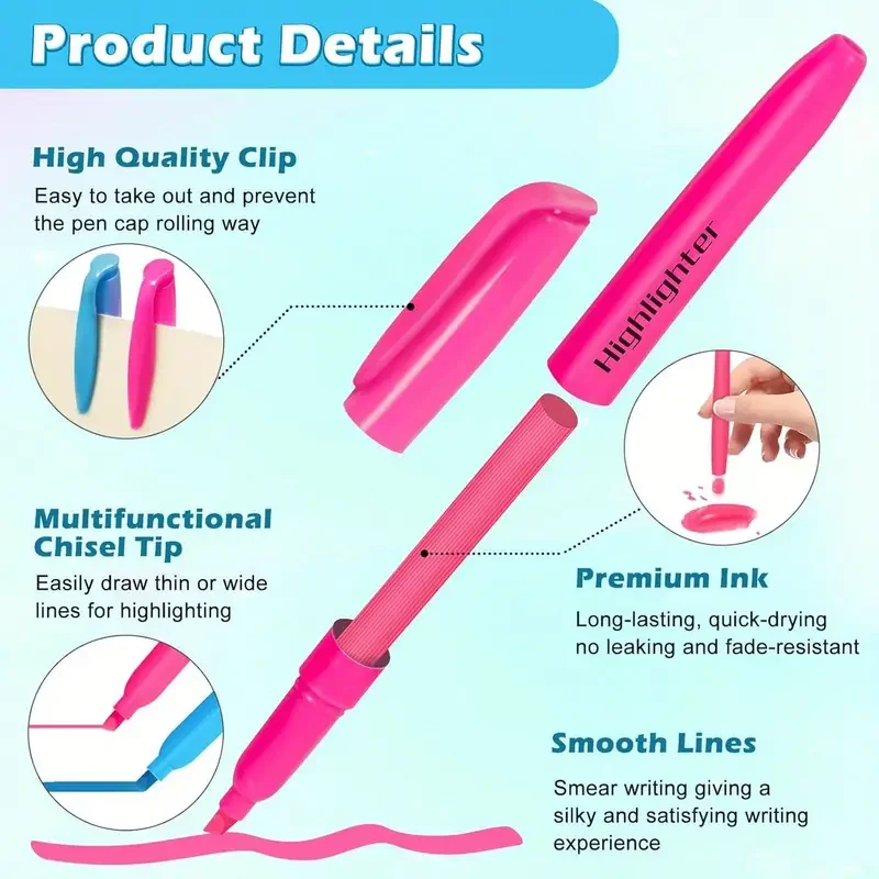6색 밝은 색상의 치즐팁 형광펜 세트, 빠른 건조, 종이에 번짐 없음, 학생 및 교사 교실 사용에 이상적