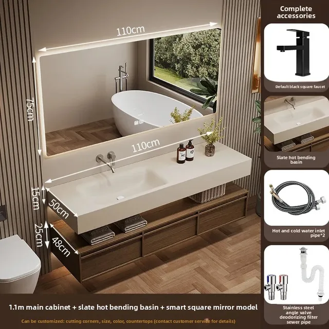 ไม้ห้องน้ําตู้ Rock Slab ไม่มีรอยต่อแบบบูรณาการอ่างล้างหน้าโบราณห้องน้ําล้างมืออ่างล้างหน้าเฟอร์นิเจอร์ห้องน้ําชุด 1