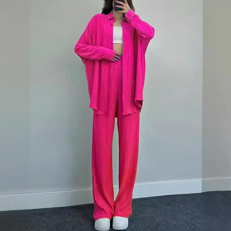 Women Elastic Waist Pant Sets Casual Blouse Suits