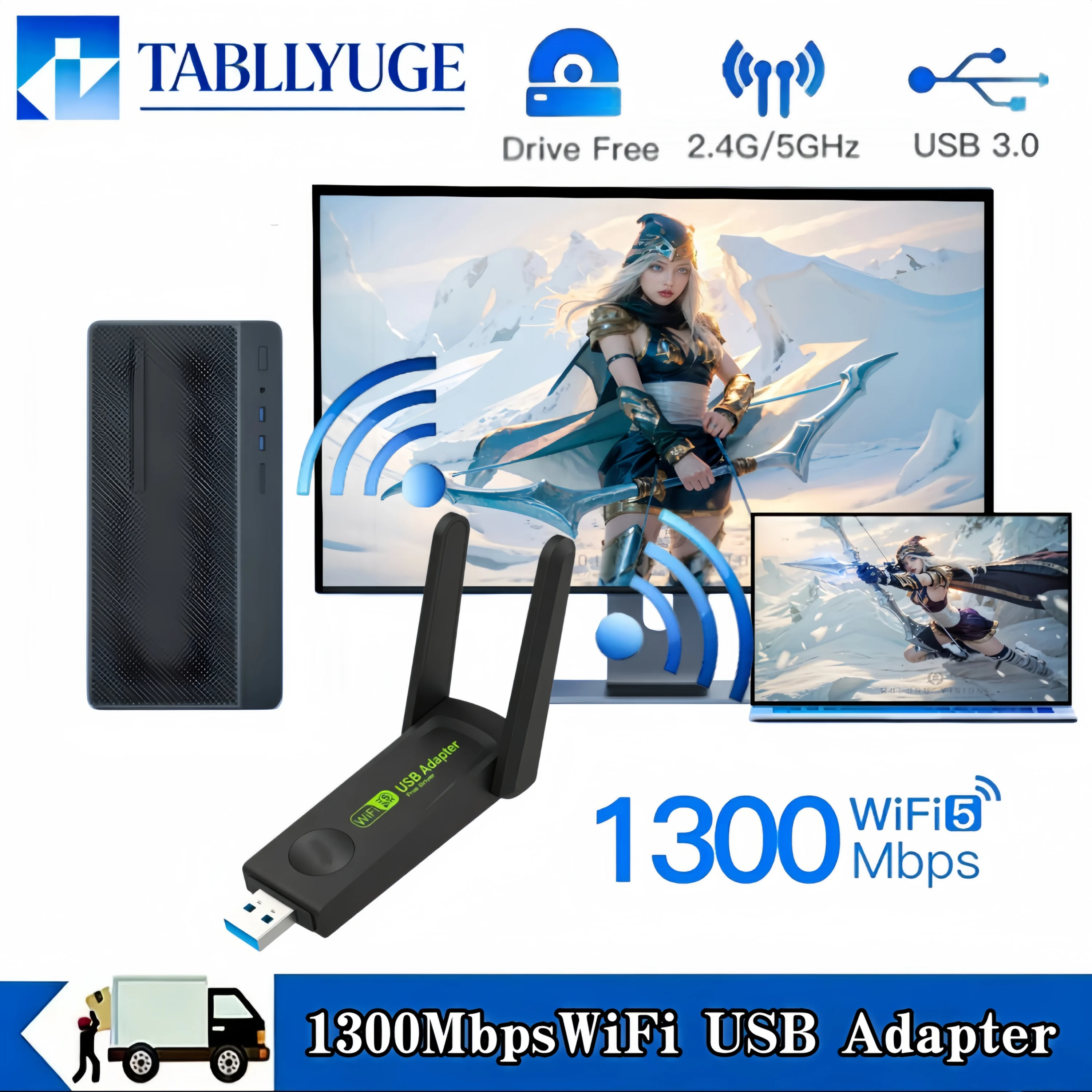 USB WiFi 어댑터 1300Mbps USB 3.0 무선 어댑터 듀얼 밴드 2.4G/5GHz 고속 WiFi 동글 (안테나 포함) PC 노트북 데스크탑용