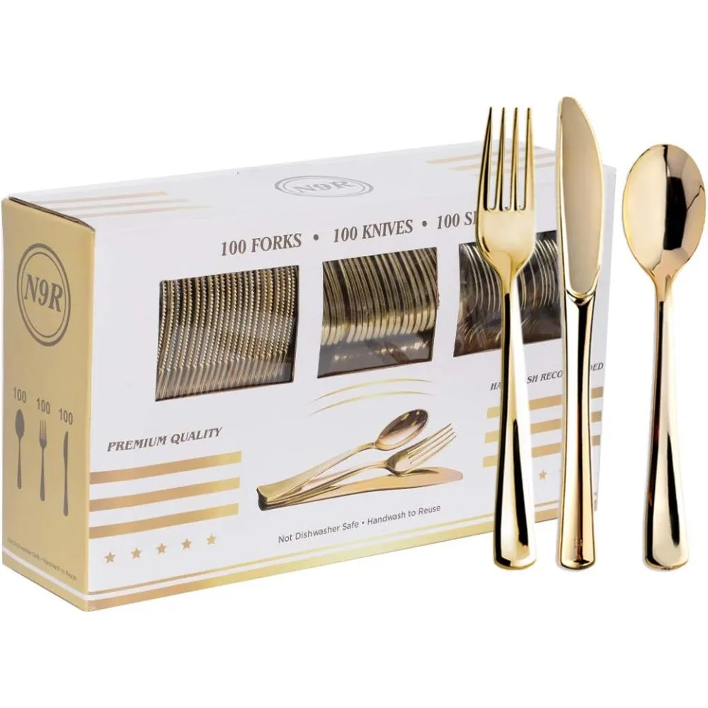 N9R 300PCS Gold Plastic Silverware Plastic Cutlery Set Disposable Flatware Dinnerware -100 Gold Forks, 100 Spoons