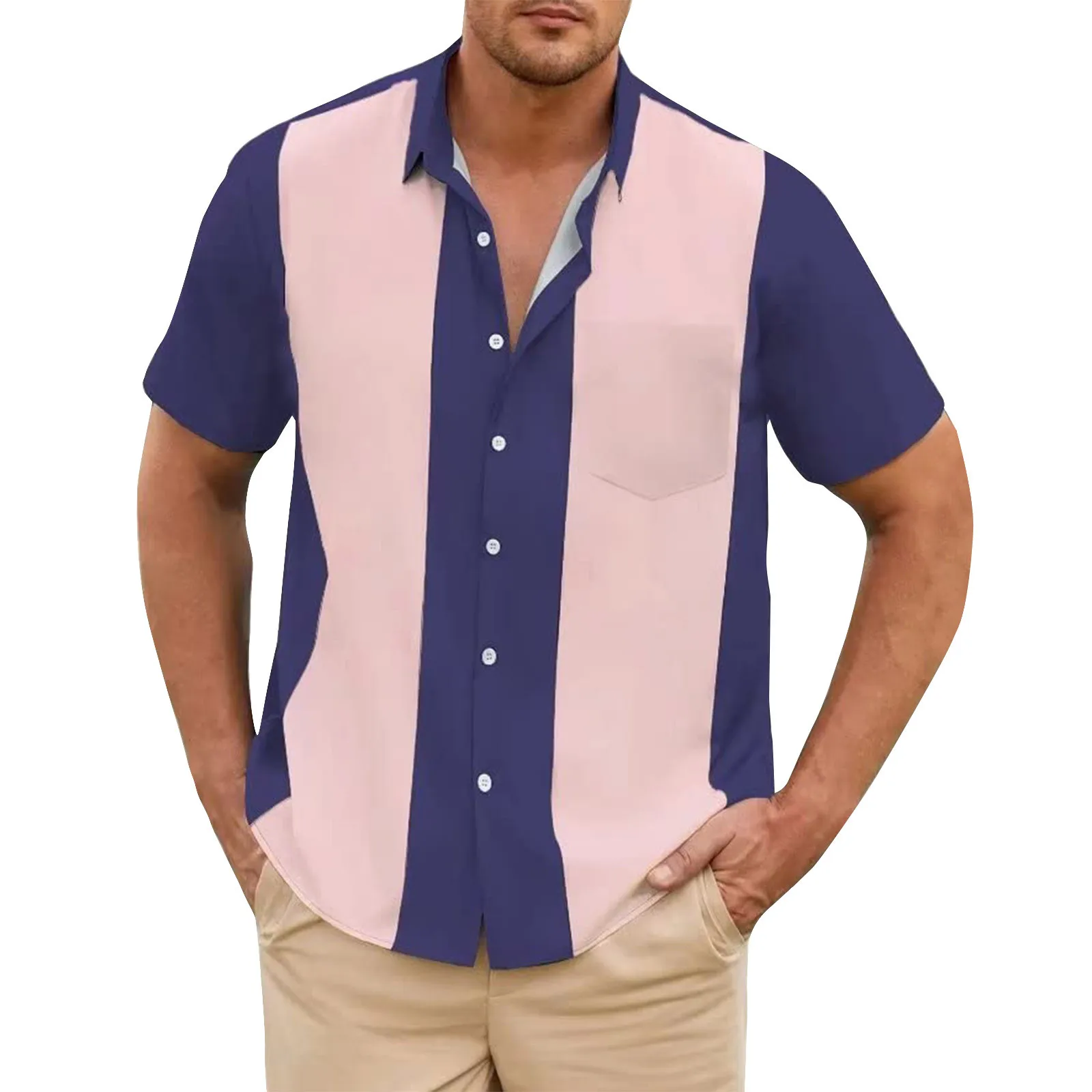 Fashion Business Stripped Splicing Shirt For Men Vintage Casual And Versatile Button Down Bowling Short Sleeve Summer T-Shirt 2