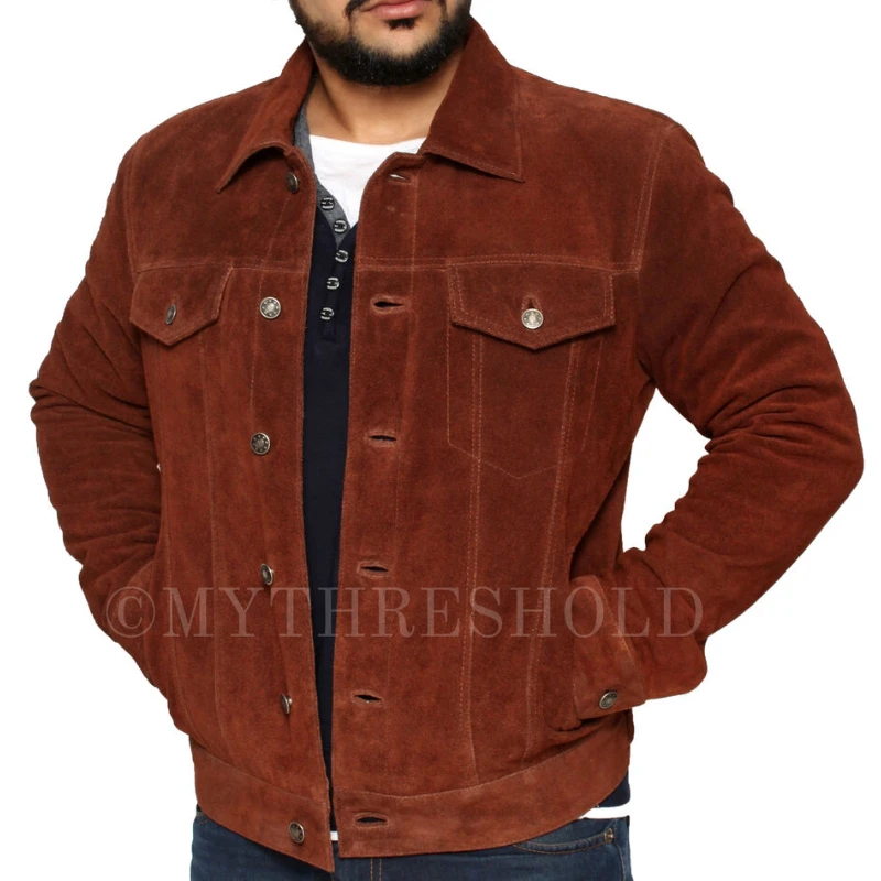 Men Brown Real Suede Leather Jacket Genuine Leather Sheepskin Coat