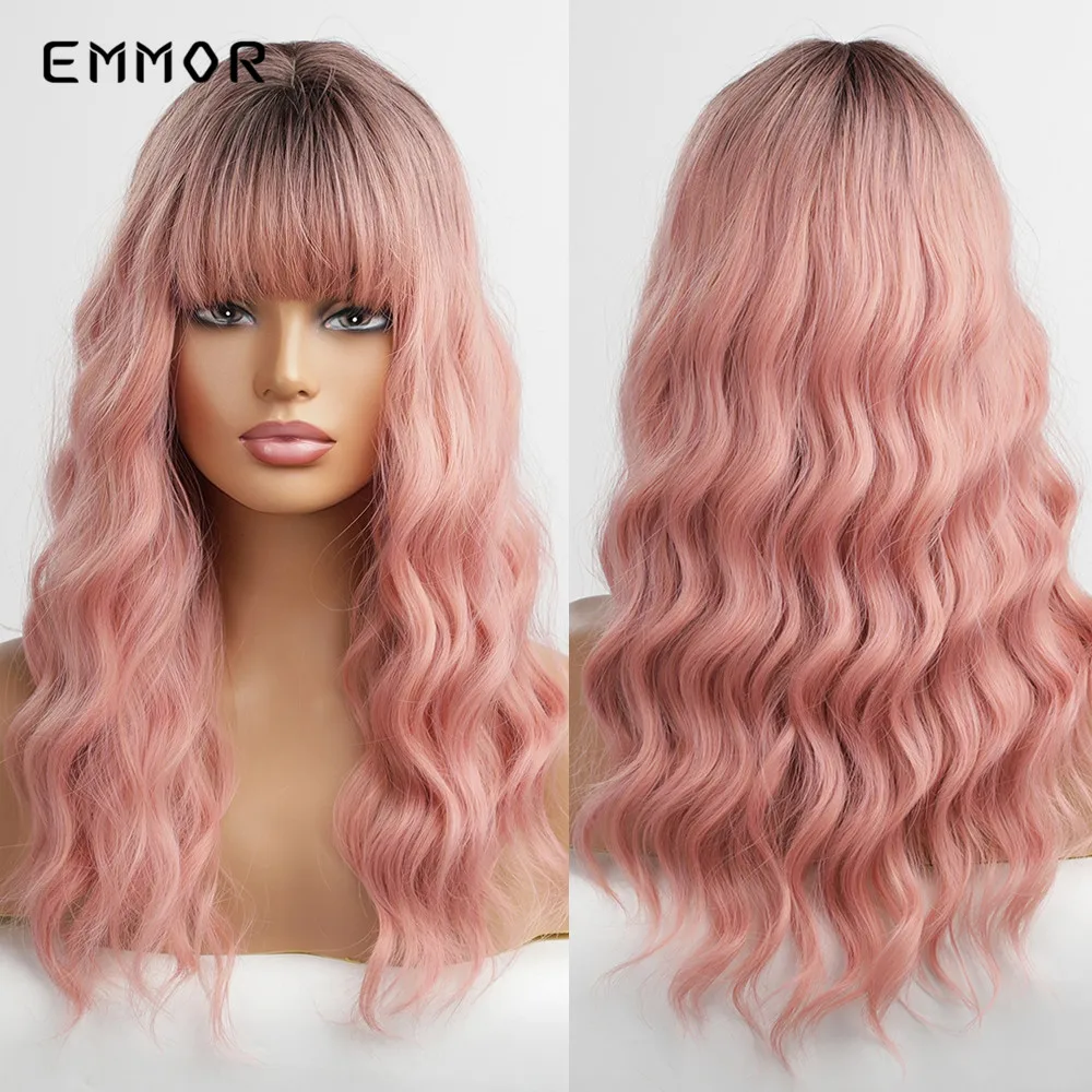 

Emmor Synthetic Brown to Light Red Wigs Natural Heat Resistant Wavy Wigs for Women Long Body Wig with Bangs Cosplay Hair Wig