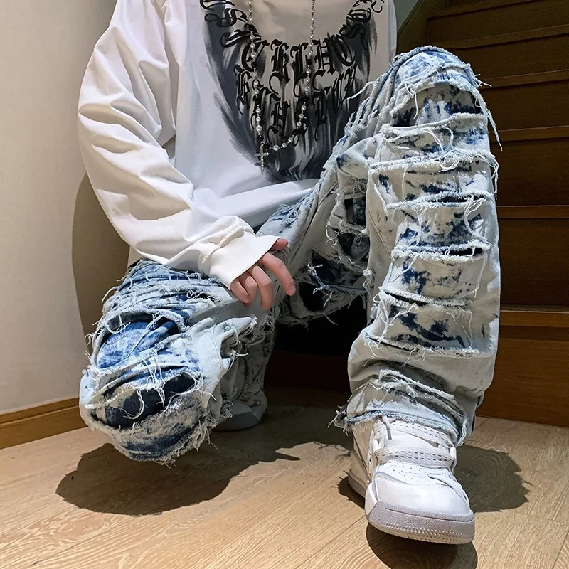 American high street erosion destroys raw edge Y2K retro jeans men\'s trendy straight tube slim flared pants foreign trade 2023
