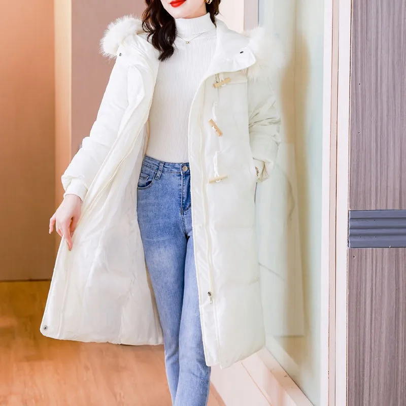 2023 New Women Down Cotton Coat Winter Jacket Female Mid-length Over Knee Parkas Thicken Outwear Big Fur Collar Hooded Overcoat