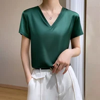 2024 Summer Basic Solid Women's T-Shirts V-Neck Short Sleeve Tees Tops  Satin Silk Elegant Thin Shirts for Female - Image 2