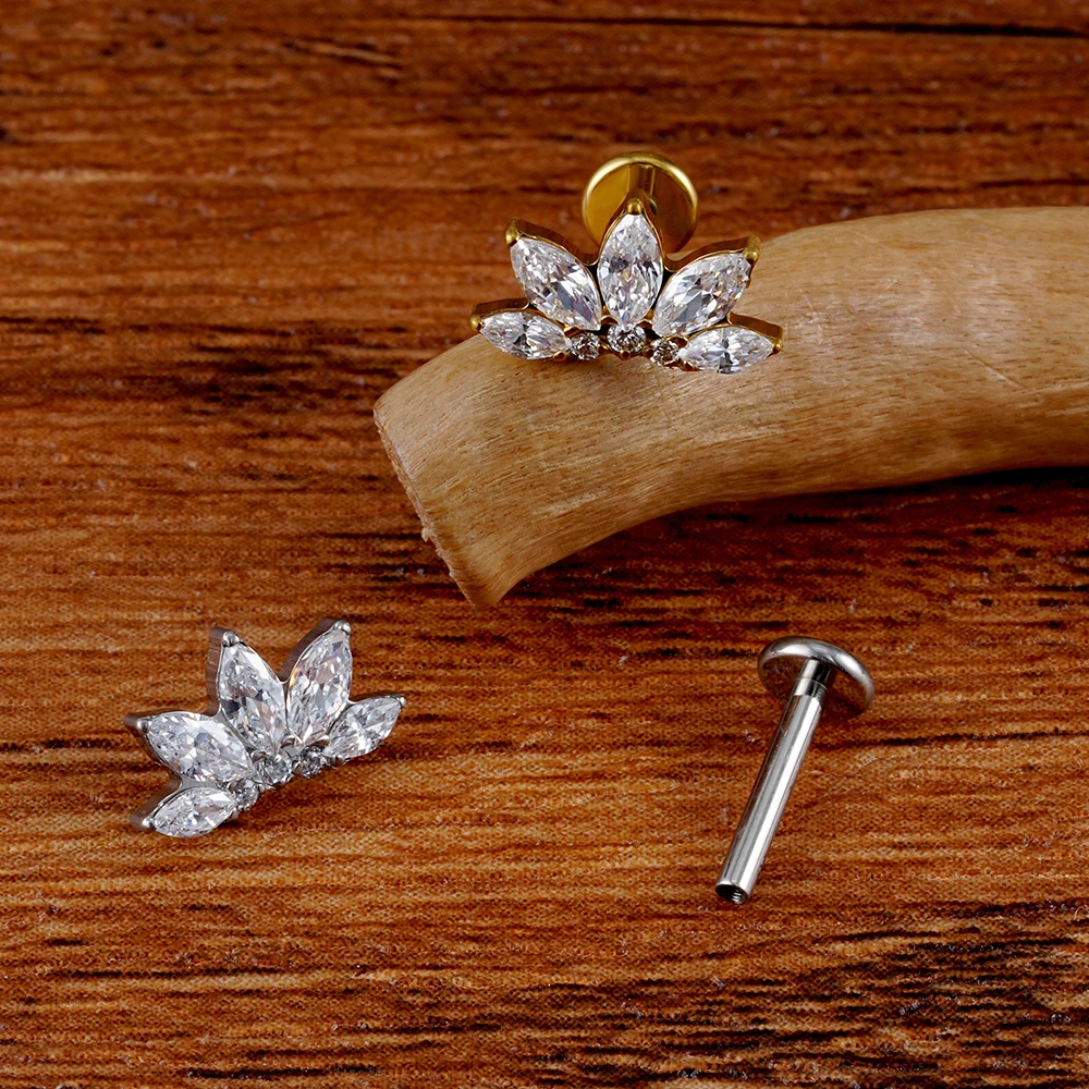 Right Grand ASTM F136 Titanium 16G Marquise Lotus CZ Flower Flat Back Stud Labret Tragus Helix Cartilage Conch Earring Piercing 4