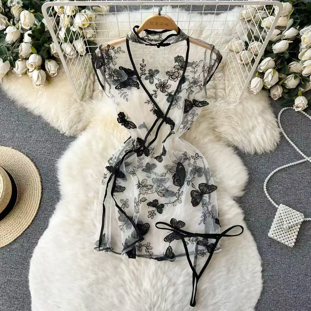 See Through Sexy Lace Qi Pao Lady's Bodycon Short Dress 2025 New Women's Secret Clothing Erotic Lingerie Sexy Pajama Sleep Dress