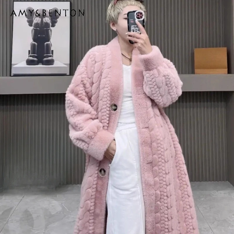 

Fur Long Sleeve Women European Mink All-in-One Warm Keeping Long Design Contrast Color Casual Woolen Coat Fashion Jacket Winter