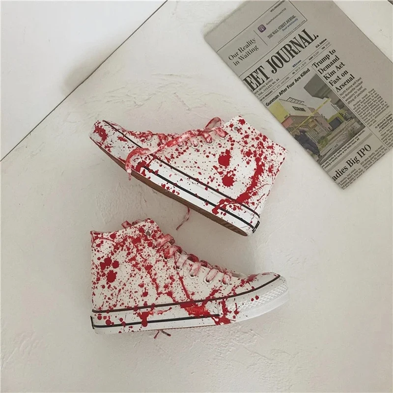 

2024 INS hot Graffiti Blood High-Top Designer Sneakers Boys Student Casual Sport Shoes Fake Blood-stained Canvas Shoes for Men