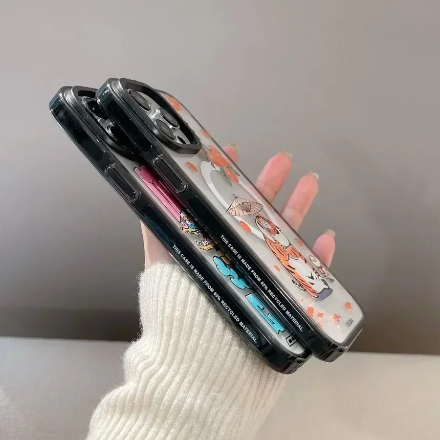 Acrylic Black Border Cartoon Tiger iPhone 11 12 13 14 15 Pro Max Case - Protective iPhone Case with MagSafe