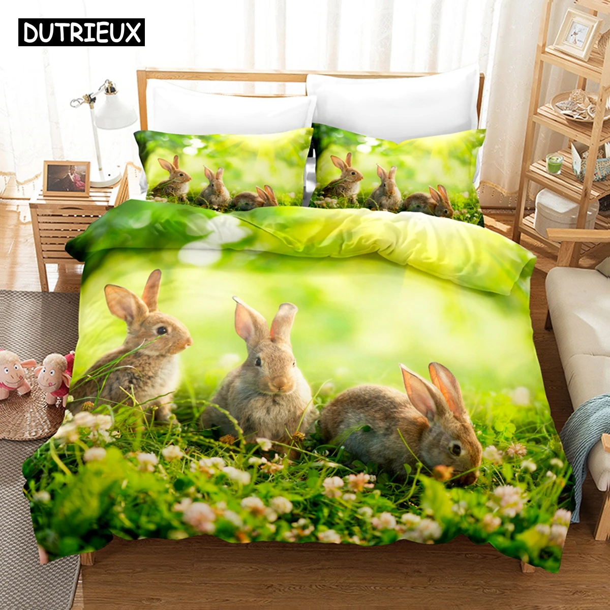 3DTheRabbitBeddingSetsDuvetCoverSetWithPillowcaseTwinFull