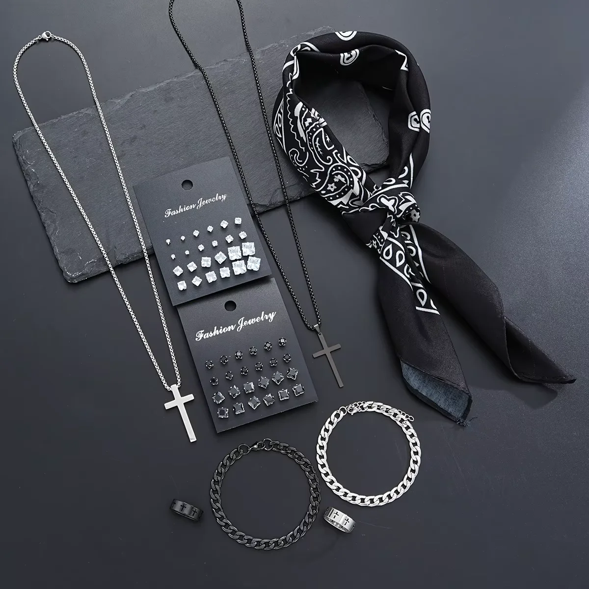 55 Pcs Stainless Steel Jewelry Set for Men Punk Hip Hop Zircon Stud Earrings Link Bracelet Cross Pendant Necklace Bandana Sets