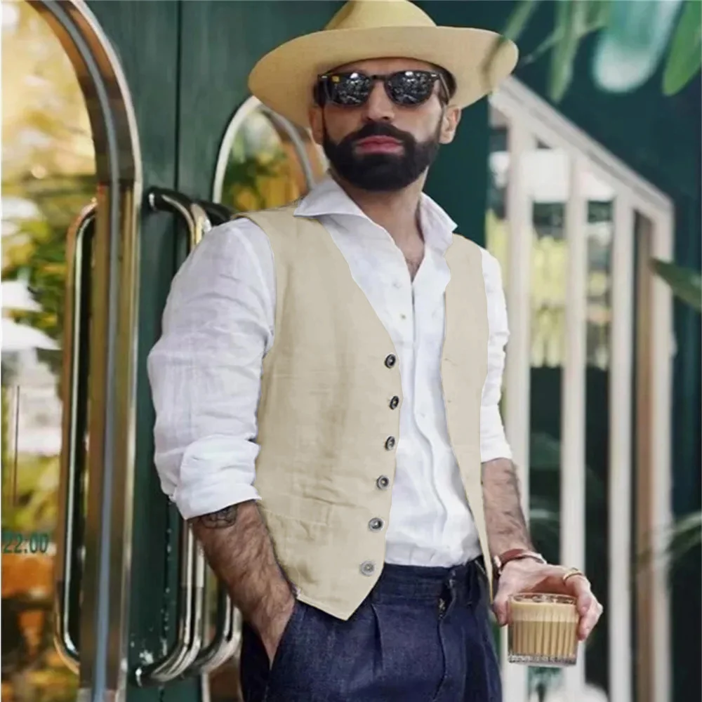 Men vest sleeveless summer linen slim fit button suits waistcoat formal wedding dress gilet dress vests
