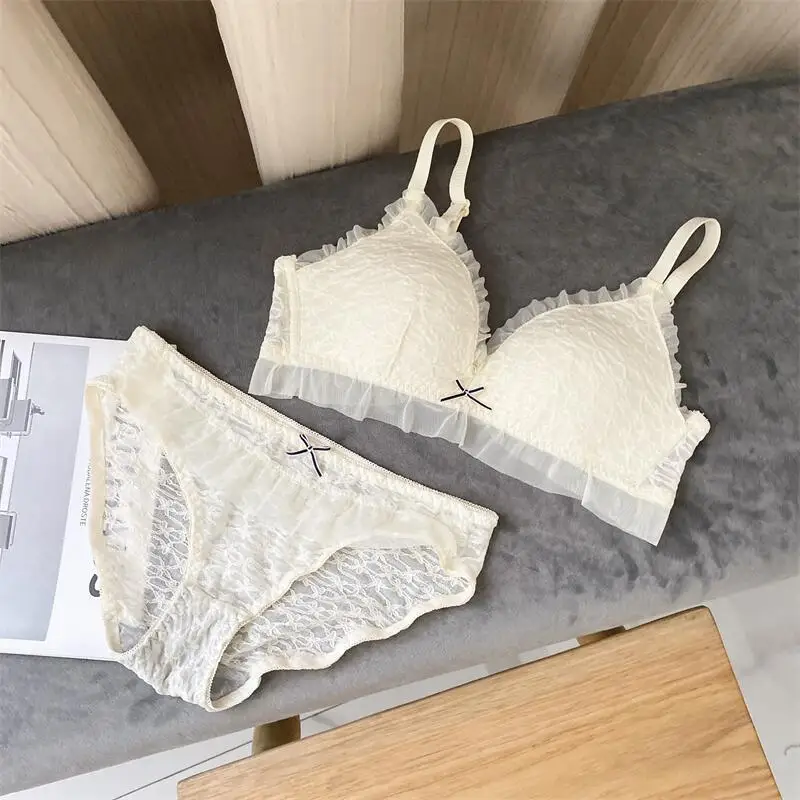 French bra set thickened 6 cm baby cotton sexy hoe cup small chest gathered  on the bra no steel ring lingerie set sexy - AliExpress