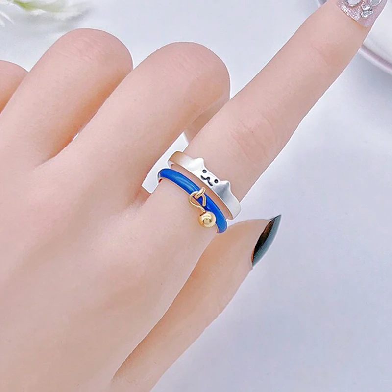Japanese Open Adjustable Ring Cute Cat Bell Cat Claw Oil Dropping Enamel Ring Decorative Gift