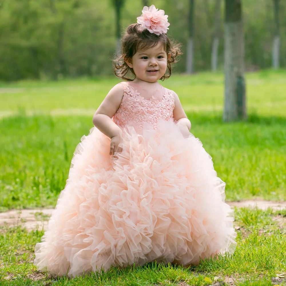 

Baby Pink Tulle Flower Girl Dress Lace Ball Gown Princess Infant Birthday Party Gown First Communion