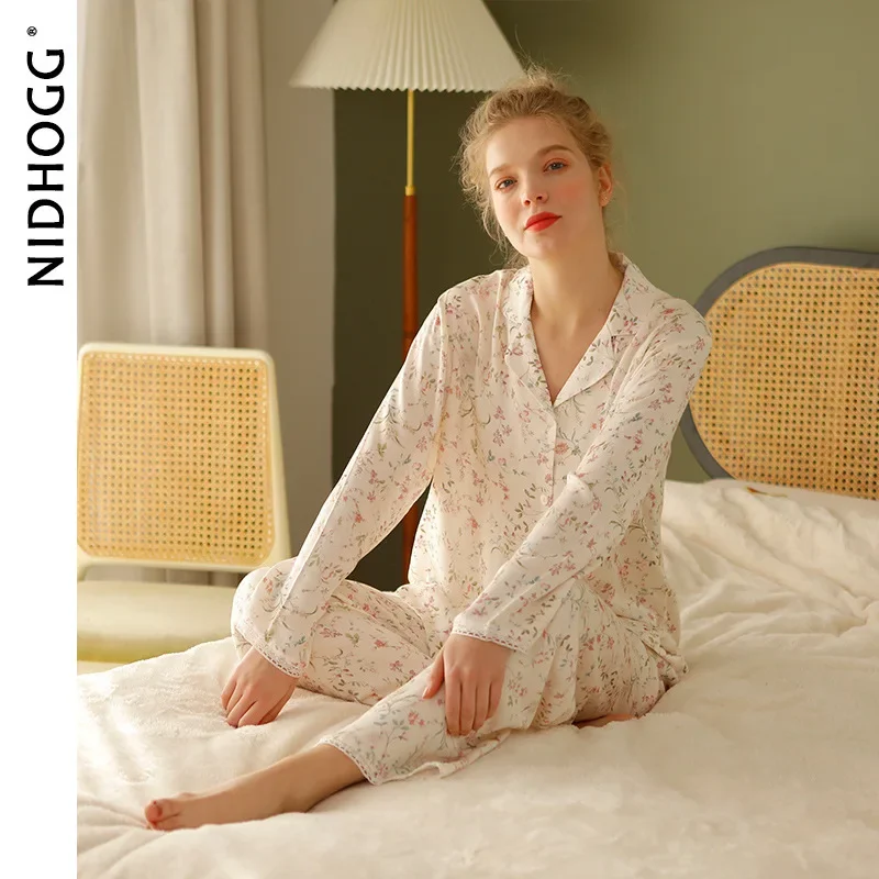 Spring Satin Pajamas Long Sleeve Viscose Sleepwear Willow Leaf Print Lounge Wear Two Piece Pijama Set Pijama Mujer women pajamas set women pajama suit