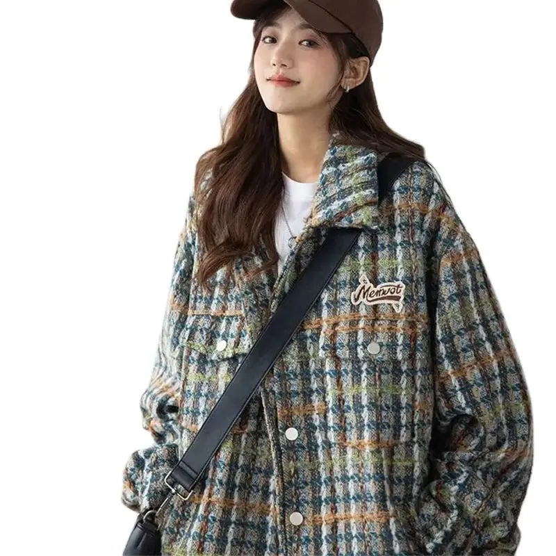 2023 Spring New Korean Version Loose Small Fragrant Coat Women INS Gentle Lazy Top High Grade Retro Plaid Jacket Commuter Button