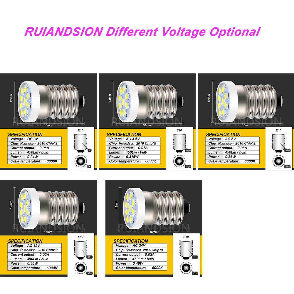 Ruiandsion 저전력 소비 E10 LED 스크류 기본 자동차 표시기 전구, 구식 손전등 전구 3V 4.5V 6V 12V 24V 흰색