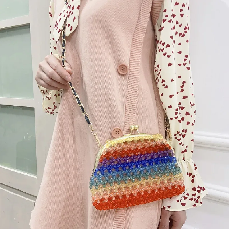 

Sweet Rainbow Acrylic Beaded Weaving Crossbody Bags for Woman New Fashion Colorful Splice Design Buckle Women's Shoulder Bag