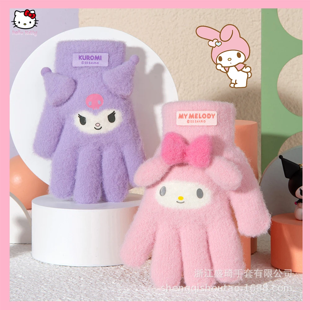 Anime Sanrios Kids Plush Gloves Cartoon Kuromi Melody Cinnamoroll Kawaii Winter Thickened Mittens Girls Five Finger Gloves Gift