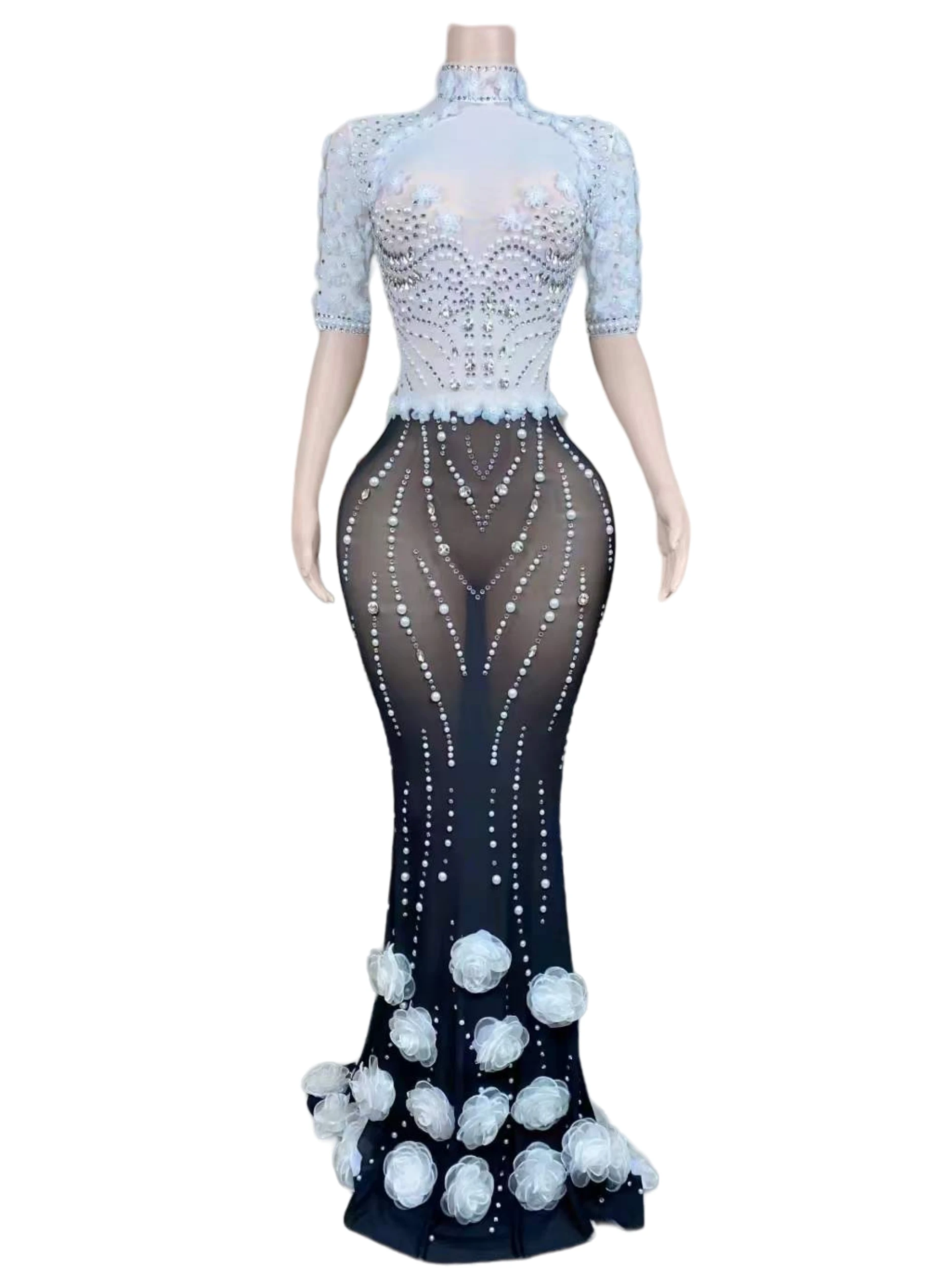 White Black Mesh Flower Sheer Half Sleeve Long Dress For Women Beaded Birthday Queen Elegant Outfit Singer Stage Wear