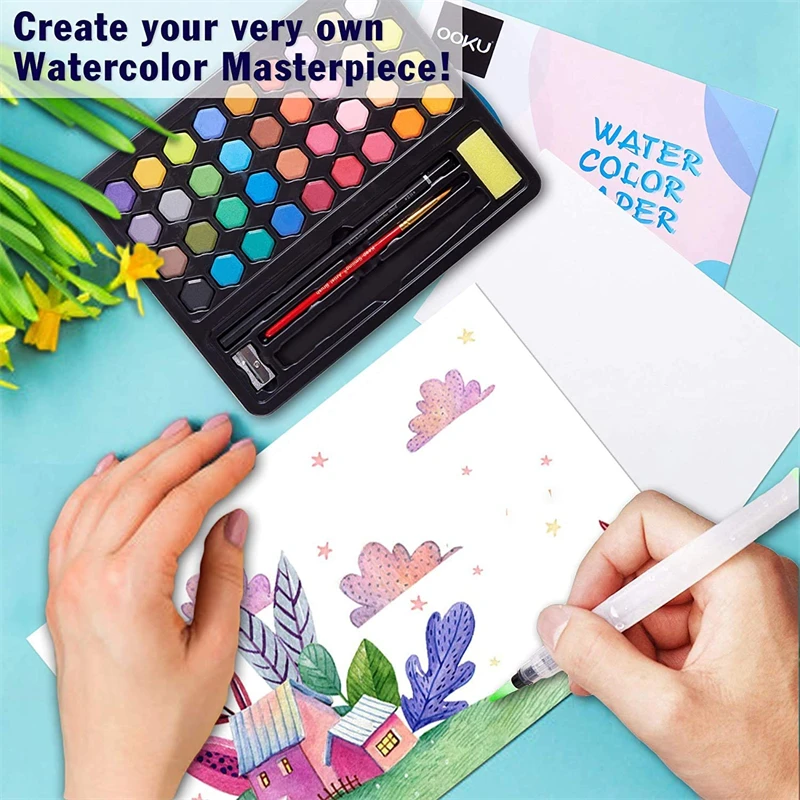 36Colors Watercolour Paint with Water Paint Brush Portable Solid Watercolor Pigment Set for Artist Art Supplies Students
