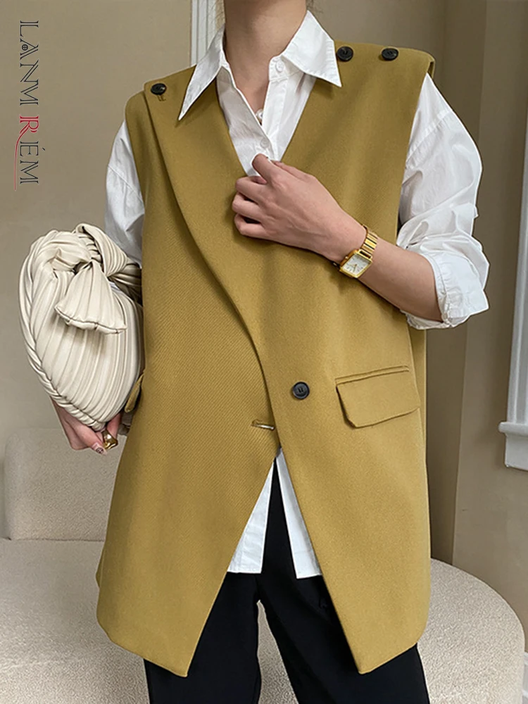 

LANMREM Korean Style Irregula Rdesign Waistcoat For Women V-neck Sleeveless Single Button Casual Loose Coats 2024 New 2Q1305