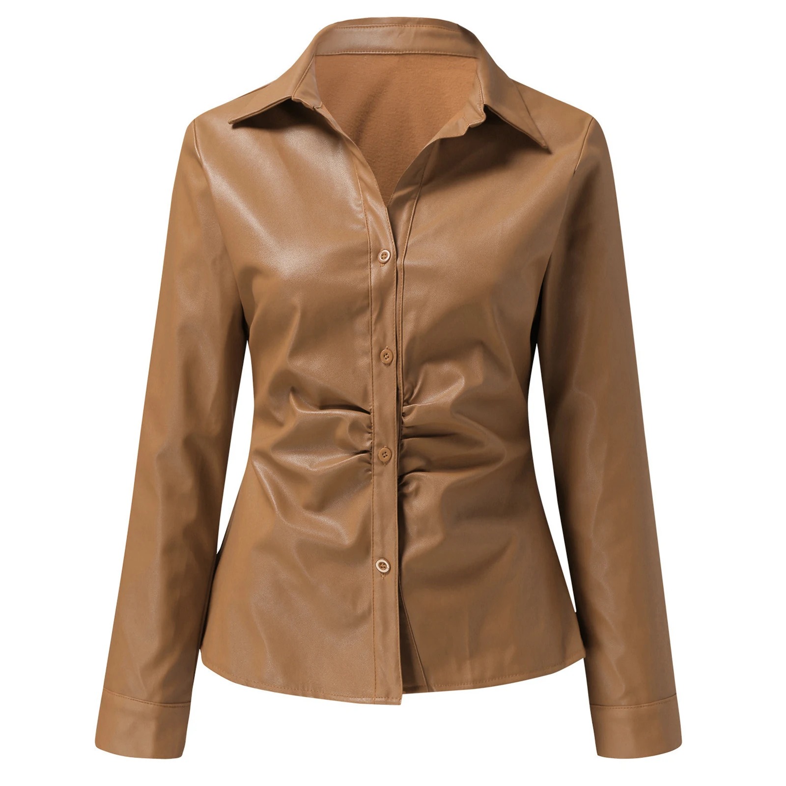 Womens Stylish PU Leather Shirt Tops Turn-Down Collar Long Sleeve Slim Fit Shirts for Club Party Motorcycling Fashion Clubwear