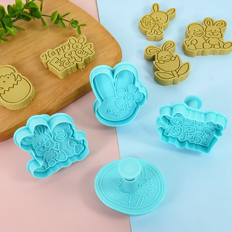 4pcs Bunny Egg Rabbit Chick Easter Theme Plastic 3D Cookie Cutter Plunger Baking Mould Cookie Tools Pastry Cake Decorating Tools