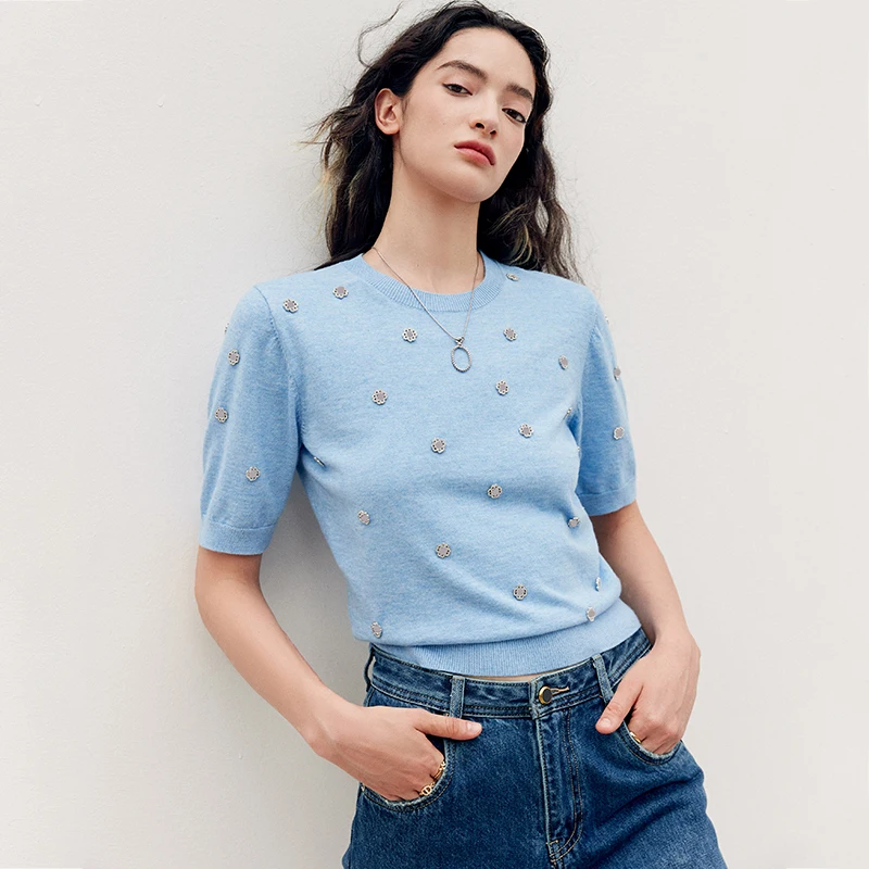 

Blue Short-sleeved Diamond Decorated Knitwear 2023 Early Autumn New Letters Decorated Pullover Shirt Female Round Neck Tops