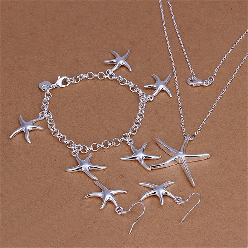 

Fashion new 925 Sterling Silver fine starfish Pendant Bracelet necklace earrings Jewelry set for women Party Christmas Gifts