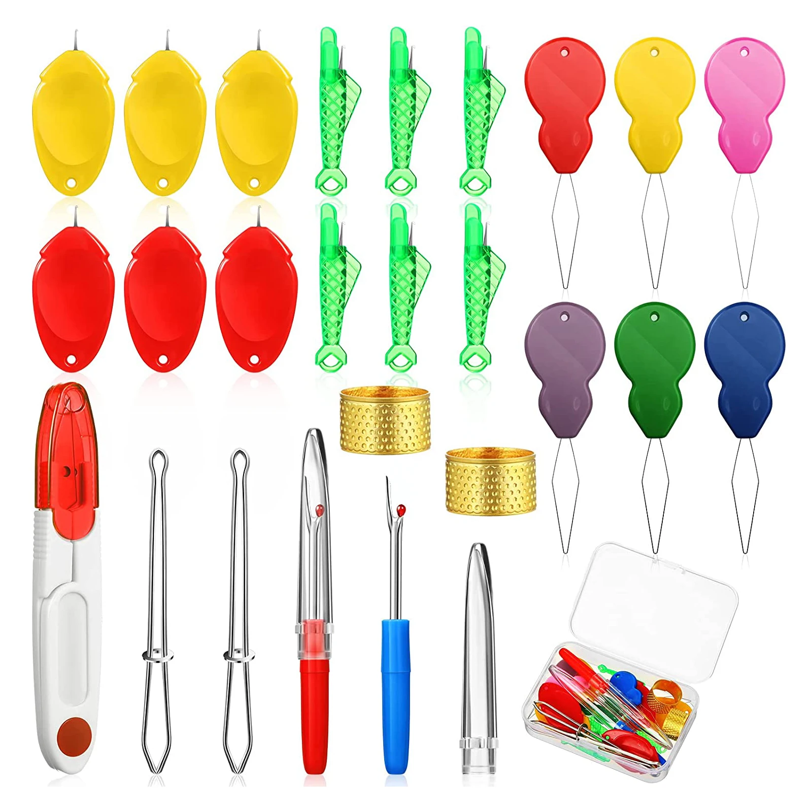 26 Pcs Needle Threaders Kit Gourd Fish Thumb Sewing Threader  Seam Ripper Sewing Tweezers Thimble with Scissor Box for DIY