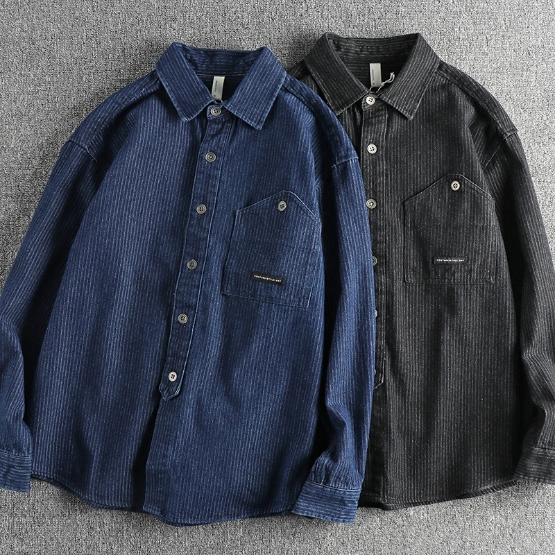 Denim Shirt Fashionable men's vintage washed pinstripe denim long-sleeved shirt spring and autumn American cargo casual denim shirt,long sleeved shirt